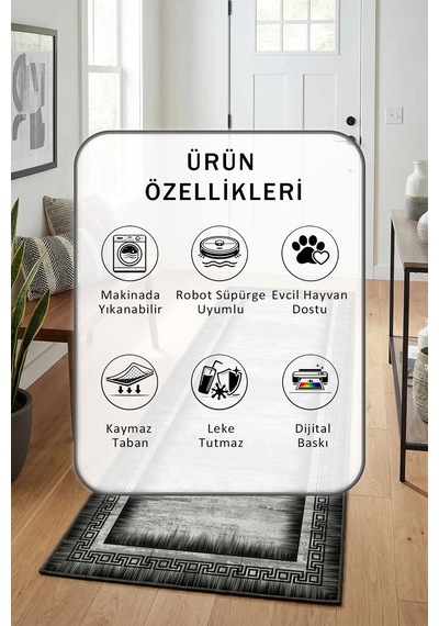 Rim Gri Salon Mutfak Yatak Odası Yıkanabilir Yolluk