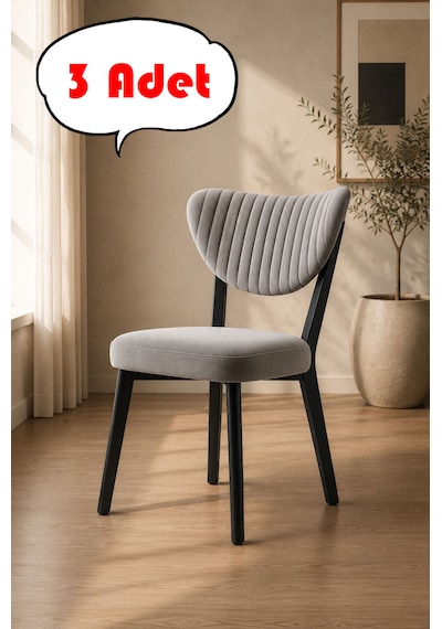 Teknor 3 Adet Elma Sandalye Modern Kadife Kapitone Sırtlı Mutfak Yemek Odası Balkon Kafe Sandalyesi 85 Cm Açık Gri