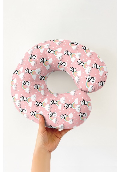 Panda Gökkuşağı Bulutlu Boyun Yastığı - Sevimli Pembe Pastel Çocuk & Yetişkin Seyahat Yastığı Adaçayı Kireçtaşı