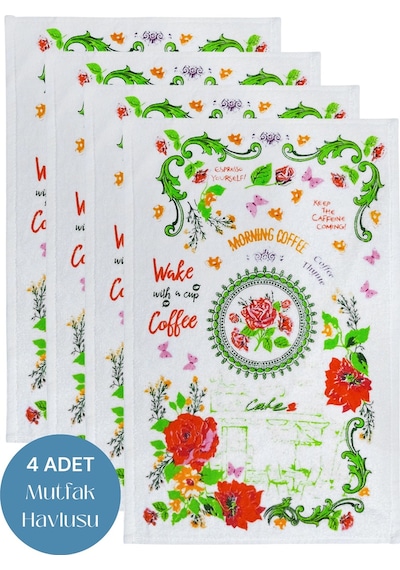 4lü Paket Baskılı Beyaz Mutfak Havlusu Modeli Morning Coffee
