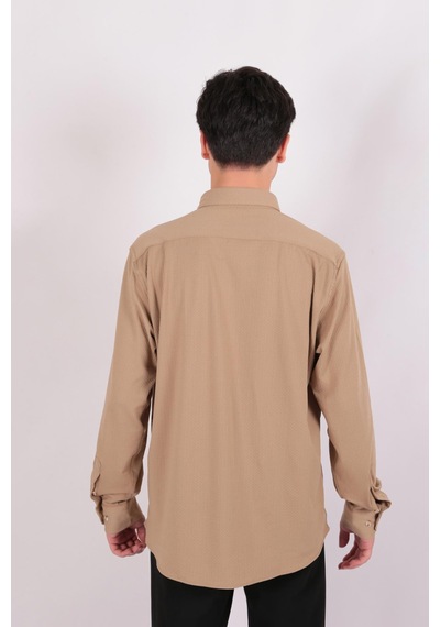 Twın Lıon Twin Lıon 408 Slimfit Örme Armürlü Düz Gömlek Bej