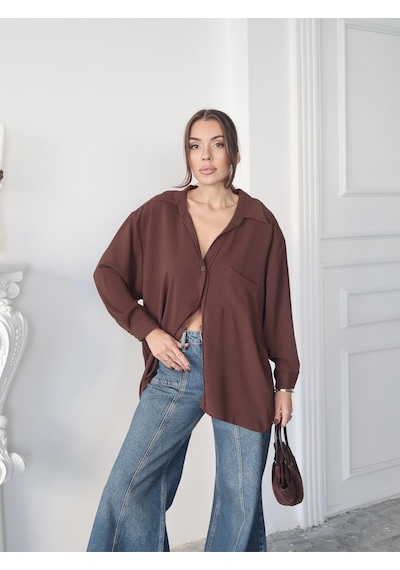 Paw Garage Kadın Perla Kahverengi Tek Cepli Oversize Gömlek, Yazlık Geniş Kalıp Gömlek, Ayrobin Gömlek Kahverengi
