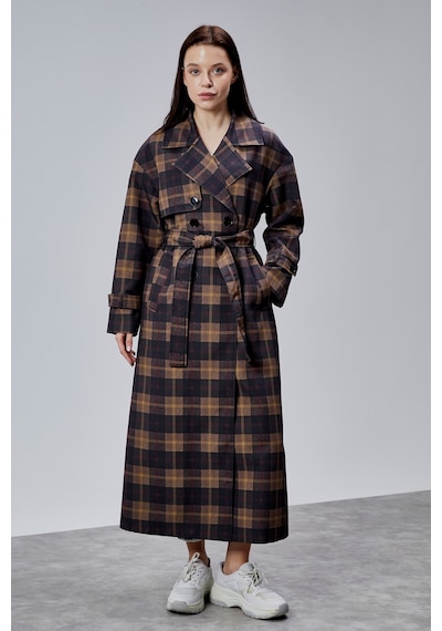 Elora Lacivert Ekose Detaylı Premium Oversize Trençkot 46650 Lacivert-haki