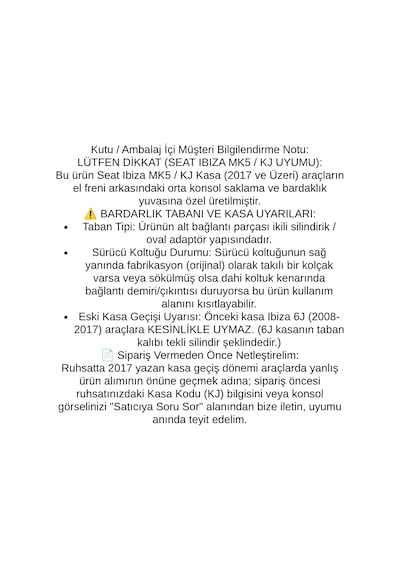 Seat Ibiza Mk5 Kj 2017 2018 2019 2020 2021 2022 2023 2024 Uyumlu Araca Ozel Kolcak Kol Dayama Orta Konsol Siyah