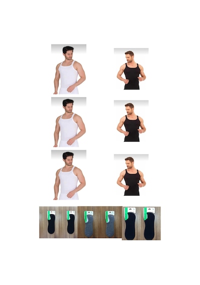 Berrak Erkek Beyaz-siyah 6"lı Ince Askılı Fitilli Kaşkorse Atlet 6 Adet Bambu Snekaer Çorap Hediyeli