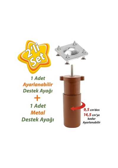 Destek Ayağı 9,5-14,5 Cm Kahverengi Ve Metal Düz Ayak Tabanı M8 Civatalı İnce Diş Mobilya Kanepe Baza Koltuk Seti