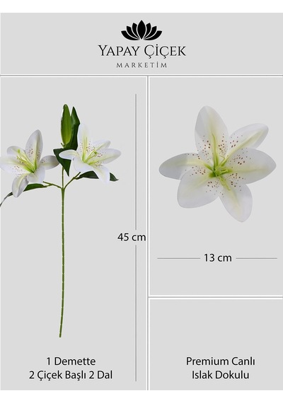 Beyaz Yapay Zambak Çiçeği 2 Dallı Premium Canlı Islak Dokulu 45 Cm
