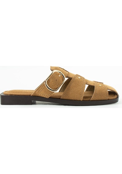 Duxal Shoes Lena Kadın Süet Gold Tokalı Kafes Tasarım Küt Burun Terlik Camel