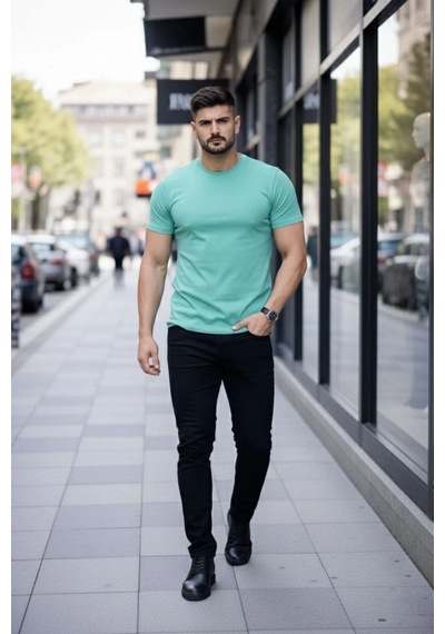 Erkek Body Tişört Bisiklet Yaka Slim Fit Likralı T-shirt - Turkuvaz Turkuaz