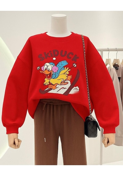 Benroma 3 İplik Penye Skiduck Baskılı Unisex Sweatshırt Kırmızı