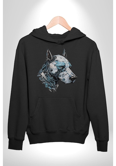Robot Cyborg Köpek Doberman Kadın Erkek Siyah Kapüşonlu Sweatshirt Hoodie Siyah