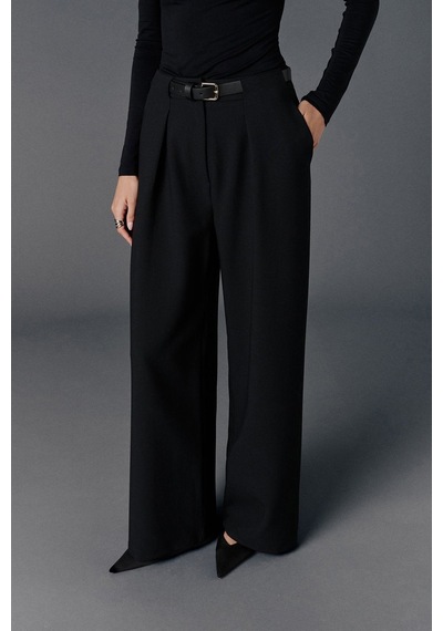 Vatkalı Kemerli Wide Leg Pantolon-20480 Siyah