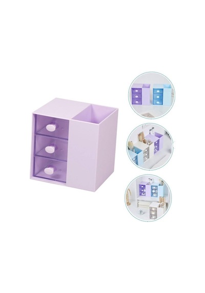 Masaüstü Kalemlik Organizer 7 Bölmeli Kawaii Kapaklı Mini Çekmeceli Kalemlik - Mor Mor