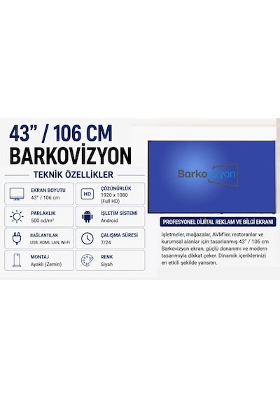 43" 106 Cm Barkovizyon Ekran Androıd Wıfı Endustriel