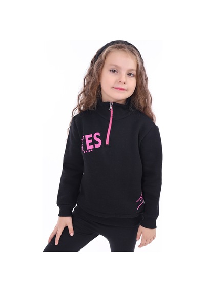 Kız Çocuk Relax Fit Dik Yaka Fermuarlı Baskılı Sweatshirt - 3 İplik Şardonlu Siyah