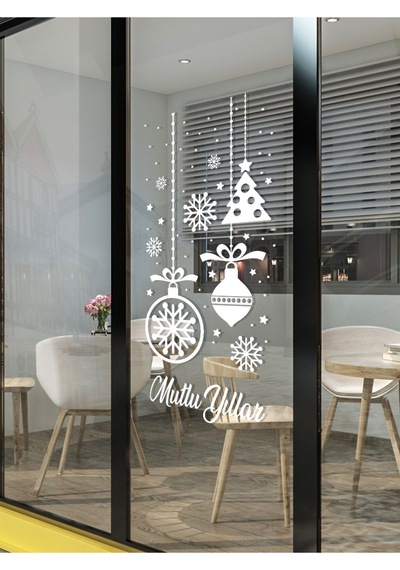 Mutlu Yıllar Kartanesi Yılbaşı Cam Vitrin Duvar Süsleme Etiket Sticker 50x100 Cm-1 Renkli