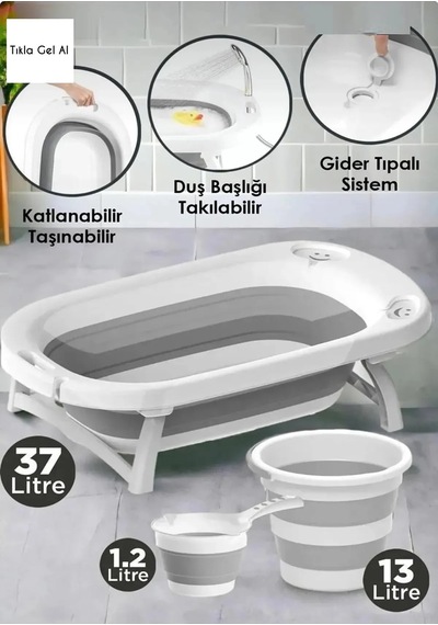 Katlanabilir Bebek Küveti Seti Portatif Katlanır Kova Ve Maşrapa Yer Kaplamayan Bebek Banyo Seti Gri - 750426316