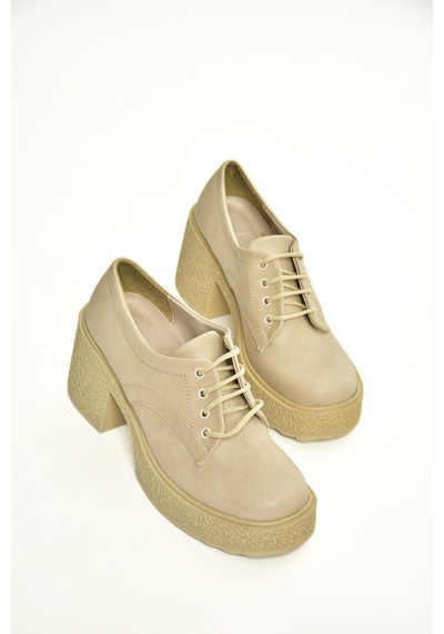 Fox Shoes T996154009 Bej Kalın Topuklu Bağcıklı Kadın Ayakkabı Taba