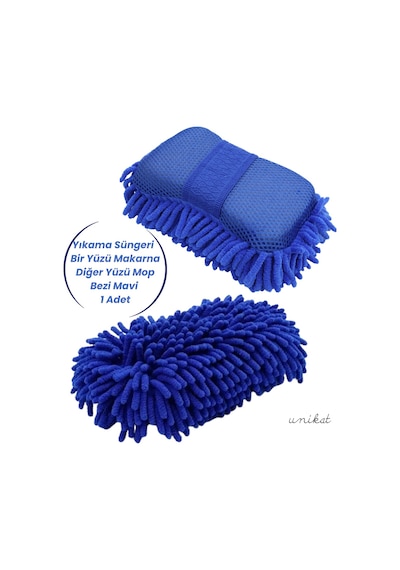 Premium Mikrofiber Araba Yıkama Süngeri Bir Yüzü Makarna, Diğer Yüzü Mop Bezi Mavi 1 Adet
