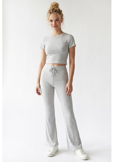 Mixray 2120 Kadın Crop T-shirt Ve Palazzo Pantolon Takım Gri