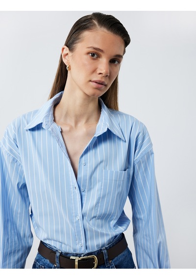 Koton Klasik Yaka Uzun Kollu Oversize Poplin Gömlek Mavi Çizgili 6wak60022pw