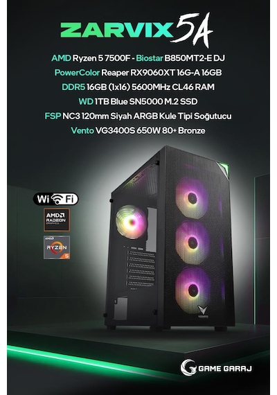 Game Garaj Zarvix 5A R5-7500F 16 GB 1 TB SSD 16 GB RX9060XT Free Dos Oyuncu OEM Paket