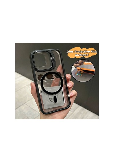Apple iPhone Uyumlu 15 Pro Max Kılıf Magsafe Krom Mika Kapak Renkli Silikon +lens Koruyucu Cam Set Kamera Standlı Renk034