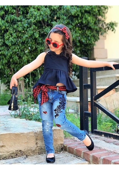 Quzucuk Kids Kız Çocuk Ekose Detaylı Pantolonlu Takım Çok Renkli