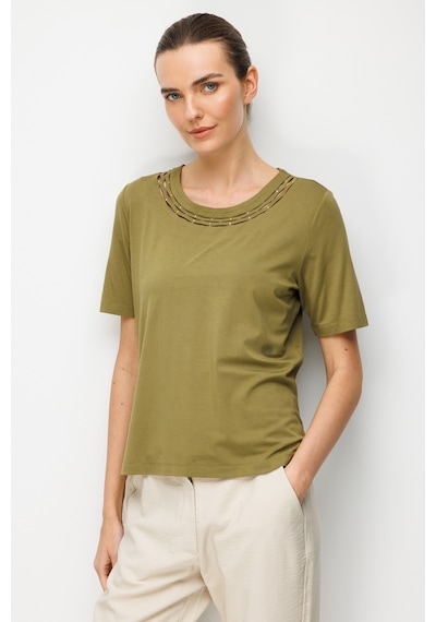 Kadın Sıfır Yaka Yakası Çift Şeritli Taşlı Penye T-shirt Haki Haki