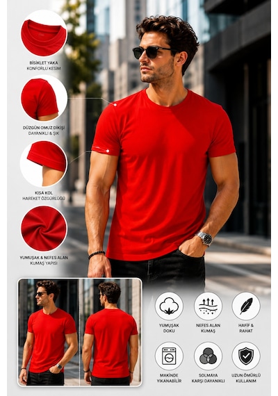 Luxıc Core Erkek Slim Fit Kırmızı Bisiklet Yaka Pamuk Penye Günlük Rahat Basic Tişört