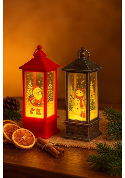 Led Işıklı Noel Feneri 2 Li Set Noel Baba & Kardan Adam Temalı Dekoratif Yılbaşı Lambası 14 Cm 12 CM