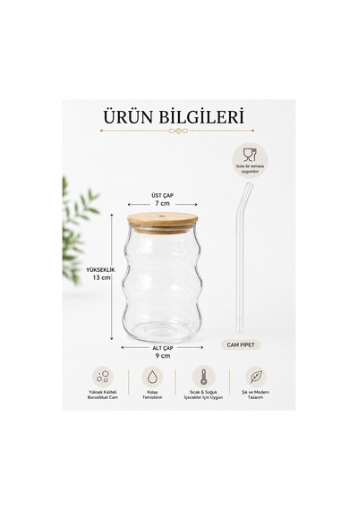 Bambu Kapaklı Cam Pipetli Borosilikat Bombeli Cam Bardak 13 Cm Şeffaf İçecek Bardağı Şeffaf