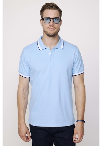 Tudors Erkek Polo Yaka Slim Fit Yaka Ve Kol Şeritli Pike Mavi Tişört-27798-Mavi