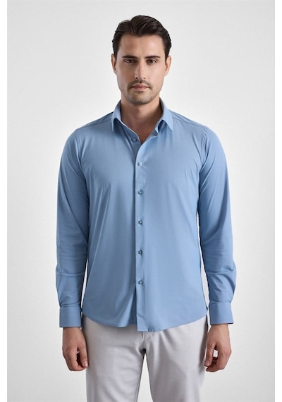 Süvari Buz Mavi Slim Klasik Yaka Düz Casual Gömlek Gm1008400364-m01