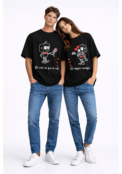 Sevgili Kombini Robot Baskılı Çift Tişört Oversize Unisex Partner Siyah