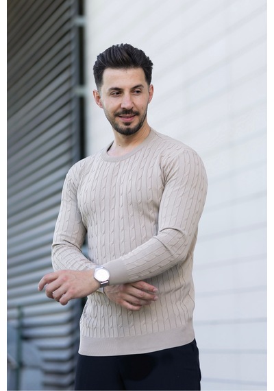 Hk Premium Triko Kazak Fitilli Slim Fit Bisiklet Yaka Likralı Kışlık Sweatshirt Bej