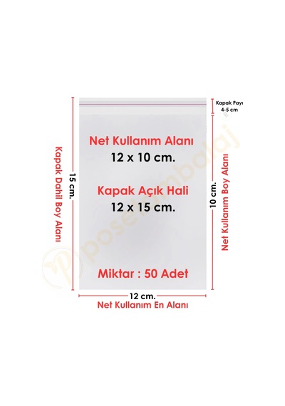 12x10+5 Cm. 12x15 50 Adet Şeffaf Bantlı Yapışkanlı Opp Poşet