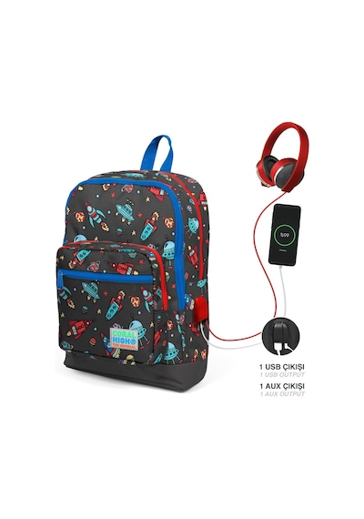 Coral High Erkek Çocuk Okul Çantası Ve Beslenme Çantası Seti Gri Mavi Uzay Usb Soketli
