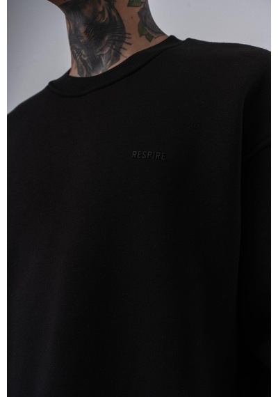 Erkek Respire Yazı Detaylı Basic Oversize Sweatshirt Siyah
