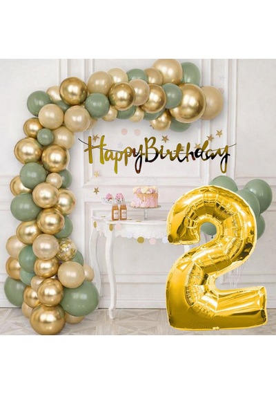 2 Yaş Pompa Hediyeli Doğum Günü Seti Gold Banner Krom Gold Küf Yeşili Kum Beji Balonlar Gold Folyo Rakam Çok Renkli