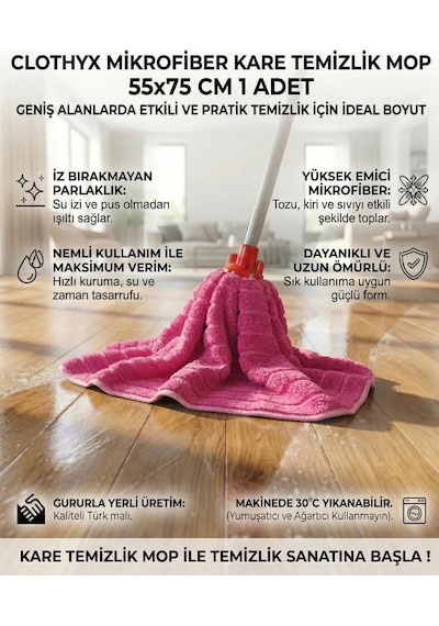 Mikrofiber Kare Temizlik Mop 55 75 Cm 1 Adet - Pembe