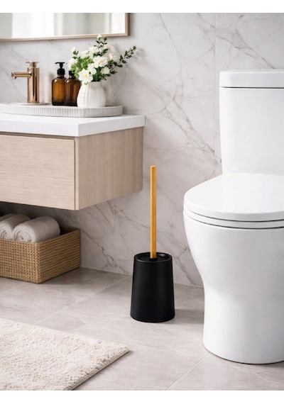 Mat Siyah Ahşap Saplı Tuvalet Fırçası Ve Standı Modern, Şık Wc Fırçası Vıchy-7047