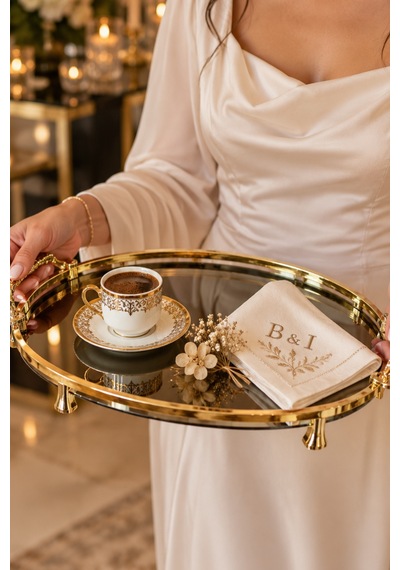Gold Kaplama Füme Aynalı Söz Nişan Tepsisi 2 Li Set Kız İsteme, Damat Kahve Ve Sunum Tepsisi - 929146826 Diğer