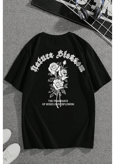 Nature Blossom Baskılı Unisex Oversize Tshirt Siyah