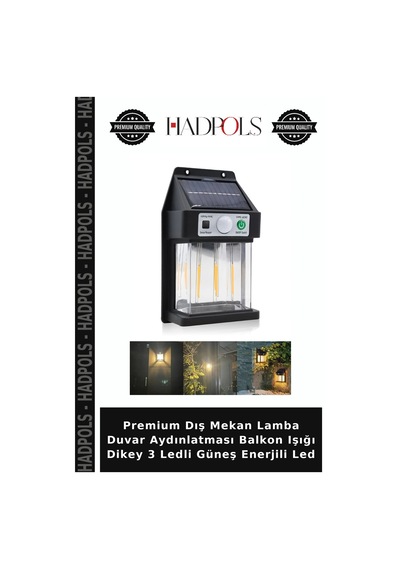 Premium Dış Mekan Lamba Duvar Aydınlatması Balkon Işığı Dikey 3 Ledli Güneş Enerjili Led