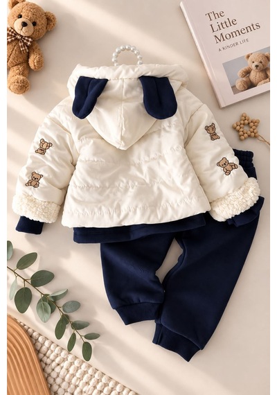 Minigimin Cicileri Ayıcık Nakışlı İçi Peluş Şişme Montlu Erkek Bebek 3 Lü Takım - Lacivert