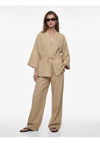 Koton Geniş Uzun Kollu Cepli Beli Bağcıklı Oversize Kimono Ceket Vizon 6sak50080pw