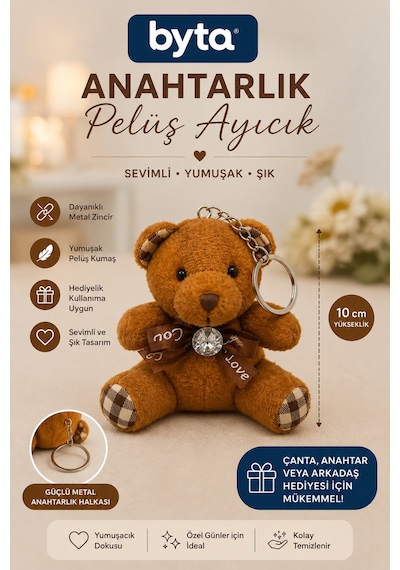 Peluş Ayıcık Anahtarlık 10 Cm Sevimli Çanta Süsü Ve Anahtar Aksesuarı - Hediyelik Kahverengi