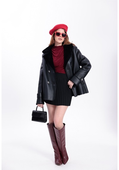 M M Marki Marki Hakiki Deri Kadın Mont Siyah İçi Kürklü Kruvaze Düğmeli Blazer Model 70 Cm - 120522