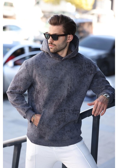 Madmext Füme Desenli Kapüşonlu Erkek Sweatshirt E7167 Füme